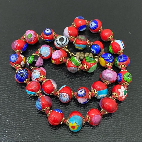 Vintage Red Multi Millefiori Venetian Murano Glass Beads Knotted 16” Necklace - Picture 2 of 16